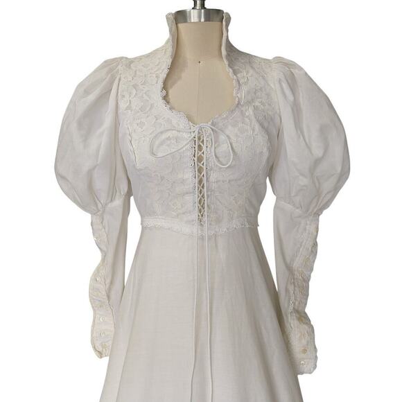 Gunne Sax Wedding Dress Size 11 M Corset White Puff Sleeves Vintage 70s - Picture 4 of 12